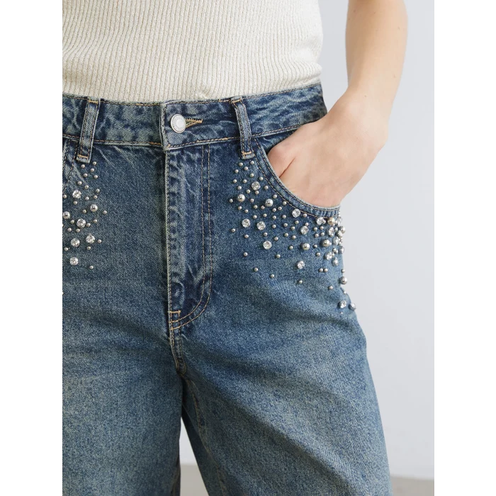 LCW Jeans İndigo Barrel Fit Taşlı Kadın Jean Pantolon