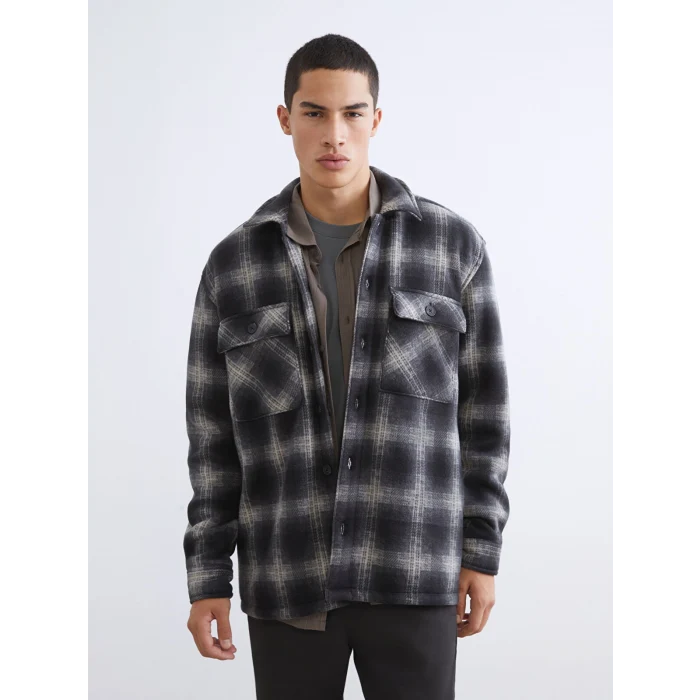 XSIDE Siyah Rahat Kalıp Uzun Kollu Ekose Erkek Gömlek Ceket