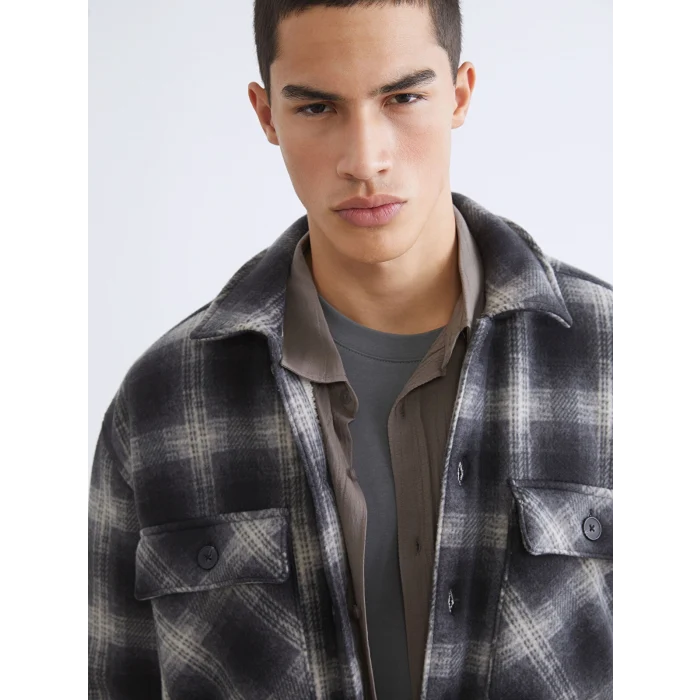 XSIDE Siyah Rahat Kalıp Uzun Kollu Ekose Erkek Gömlek Ceket