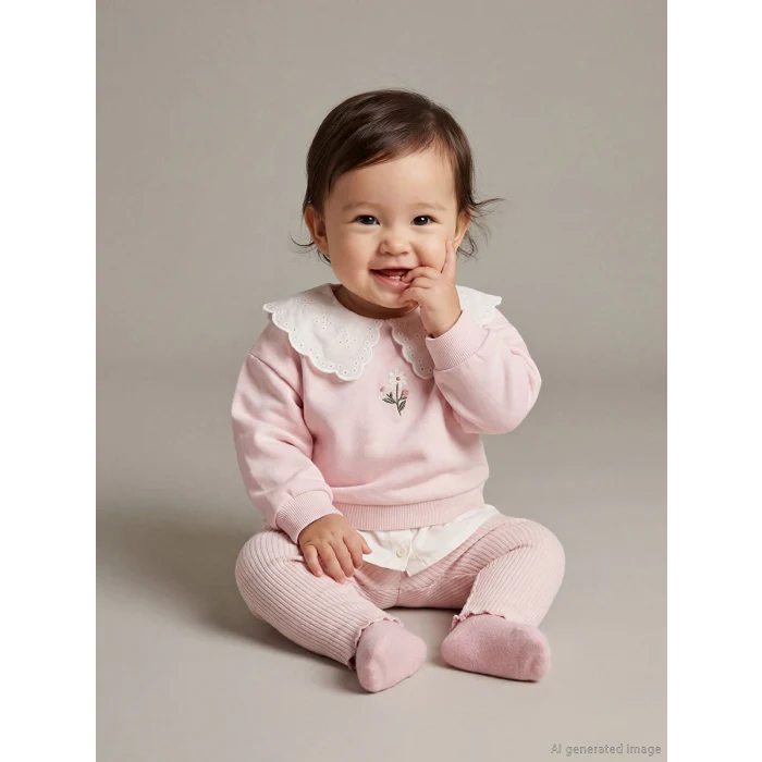LCW baby Pembe Bebe Yaka Kız Bebek Sweatshirt ve Tayt