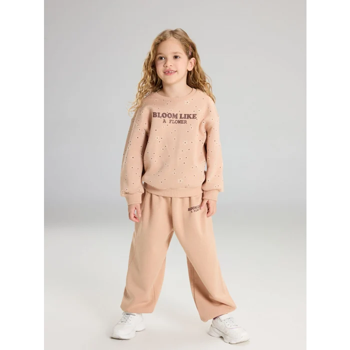 LCW Kids Bej Bisiklet Yaka Kız Çocuk Sweatshirt ve Pantolon