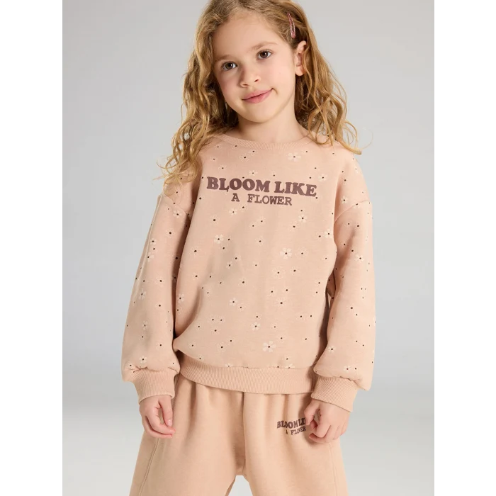 LCW Kids Bej Bisiklet Yaka Kız Çocuk Sweatshirt ve Pantolon