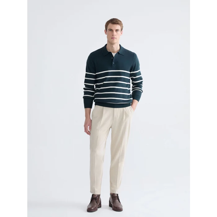 SOUTHBLUE Yeşil Polo Yaka Çizgili Erkek Triko Kazak