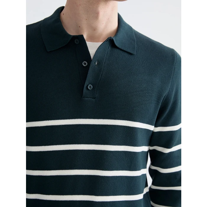 SOUTHBLUE Yeşil Polo Yaka Çizgili Erkek Triko Kazak