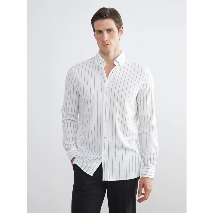 LCW Vision Ekru Slim Fit Uzun Kollu Çizgili Erkek Gömlek
