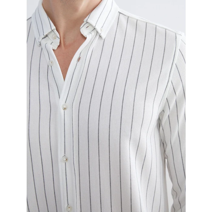 LCW Vision Ekru Slim Fit Uzun Kollu Çizgili Erkek Gömlek