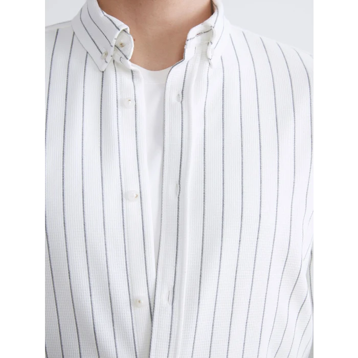 LCW Vision Ekru Slim Fit Uzun Kollu Çizgili Erkek Gömlek