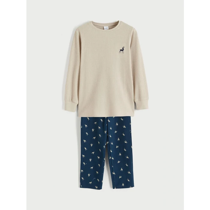 LCW Kids Bej Bisiklet Yaka Baskılı Erkek Çocuk Pijama Takım