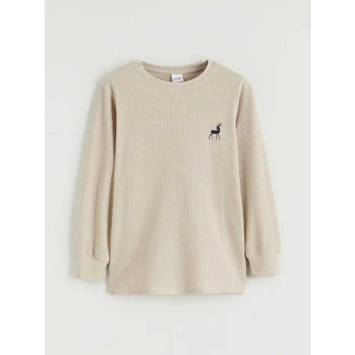 LCW Kids Bej Bisiklet Yaka Baskılı Erkek Çocuk Pijama Takım