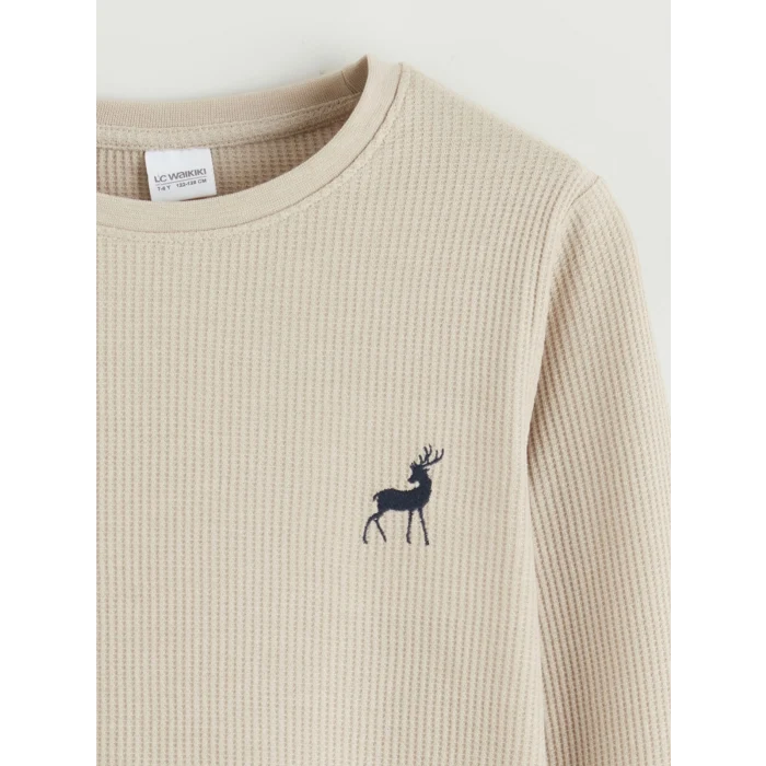 LCW Kids Bej Bisiklet Yaka Baskılı Erkek Çocuk Pijama Takım