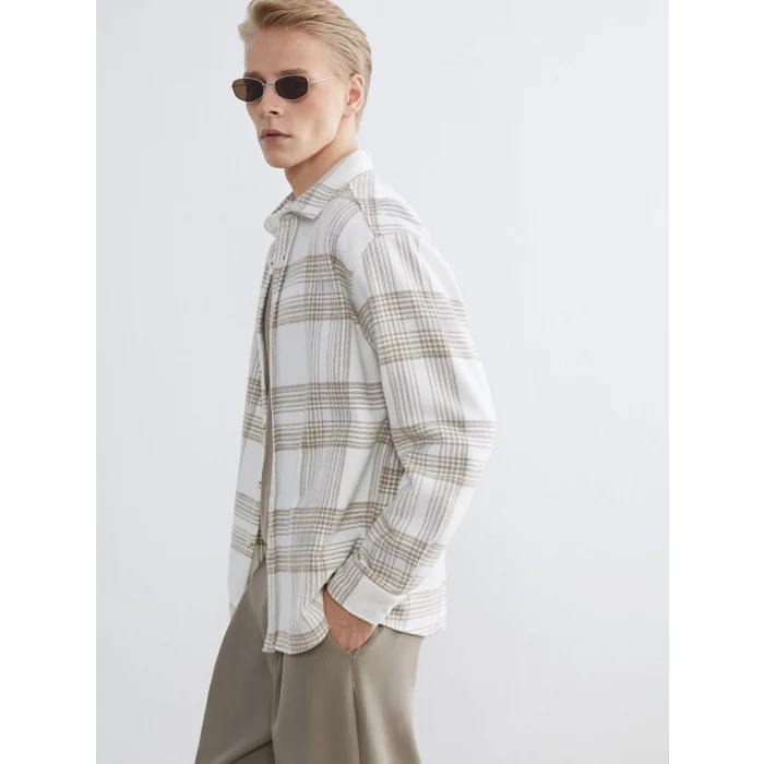 LCW Vision Bej Regular Fit Uzun Kollu Ekose Erkek Gömlek Ceket