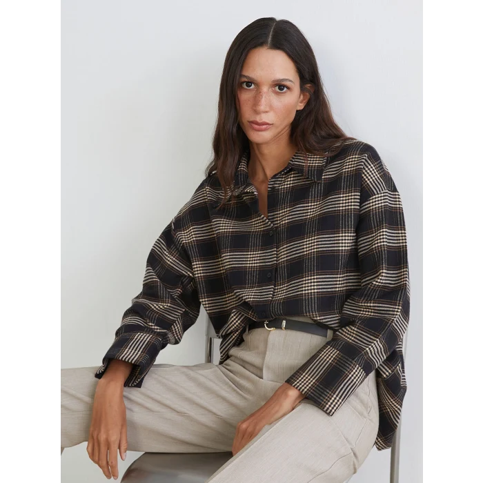 LCW Vision Siyah Ekose Oversize Kadın Gömlek