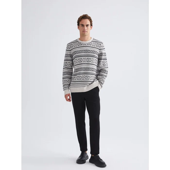 LCWAIKIKI Classic Bej Bisiklet Yaka Desenli Erkek Triko Kazak