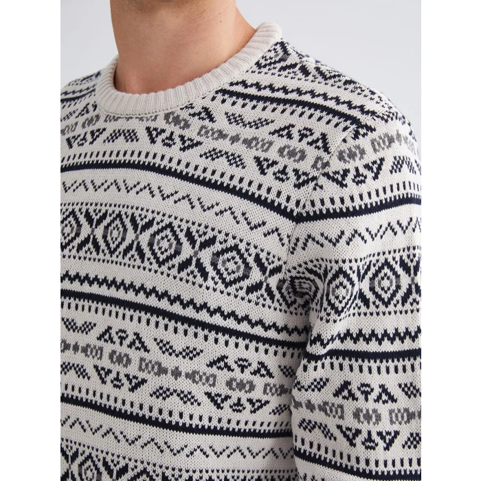 LCWAIKIKI Classic Bej Bisiklet Yaka Desenli Erkek Triko Kazak