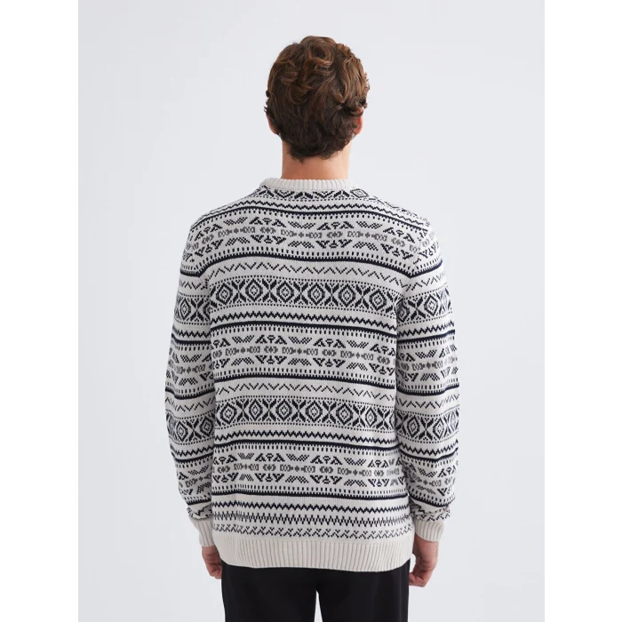 LCWAIKIKI Classic Bej Bisiklet Yaka Desenli Erkek Triko Kazak