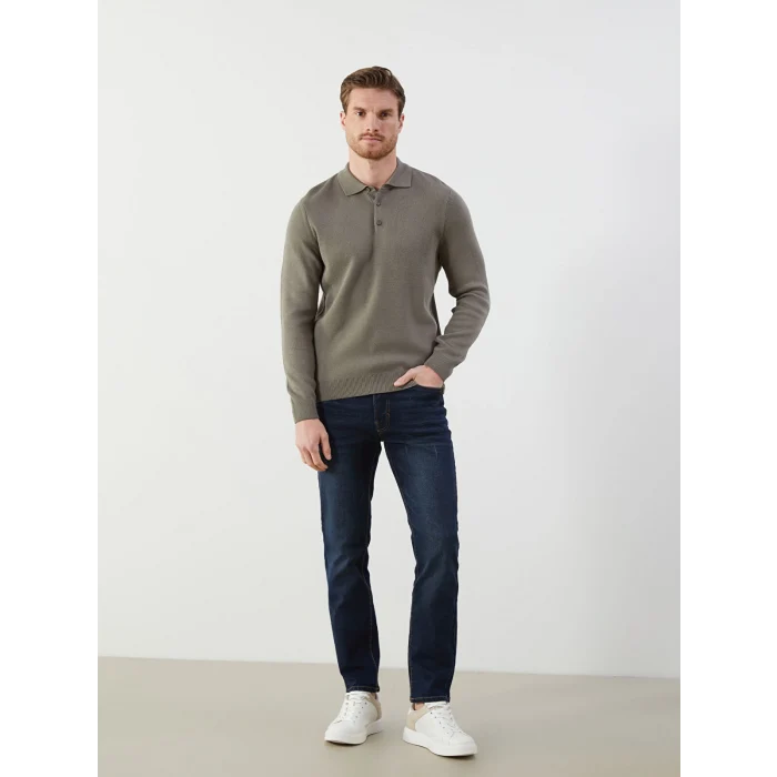 LCWAIKIKI Classic Haki Büyük Beden Polo Yaka Uzun Kollu Erkek Triko Kazak