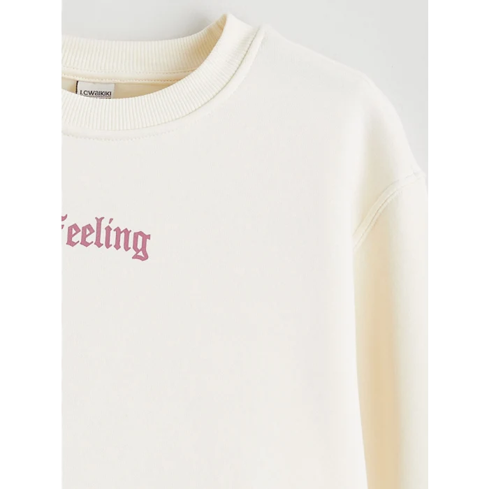 LCW Kids Ekru Bisiklet Yaka Kız Çocuk Kalın Sweatshirt