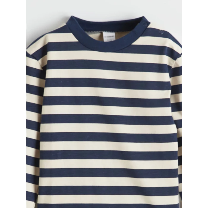 LCW baby Ekru Bisiklet Yaka Çizgili Erkek Bebek Tişört