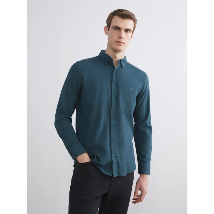 LCWAIKIKI Classic Yeşil Regular Fit Uzun Kollu Gabardin Erkek Gömlek