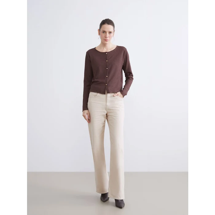 LCWAIKIKI Basic Kahverengi Bisiklet Yaka Dokulu Kadın Hırka