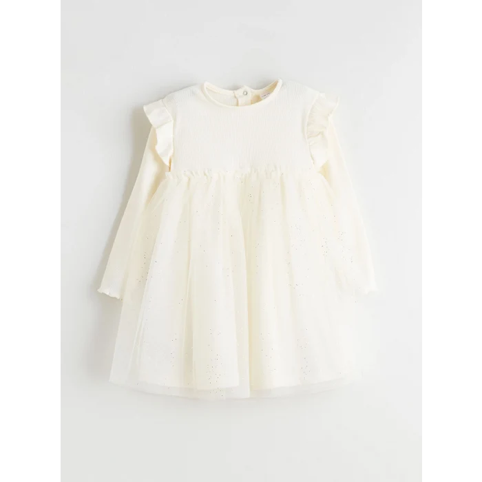 LCW baby Ekru Bisiklet Yaka Kız Bebek Prenses Elbise