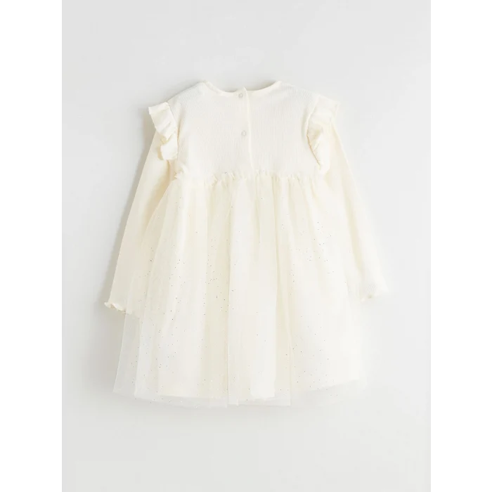 LCW baby Ekru Bisiklet Yaka Kız Bebek Prenses Elbise