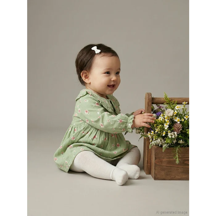 LCW baby Yeşil Bebe Yaka Çiçekli Müslin Kız Bebek Elbise