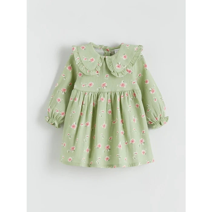 LCW baby Yeşil Bebe Yaka Çiçekli Müslin Kız Bebek Elbise