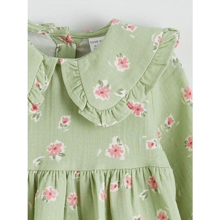 LCW baby Yeşil Bebe Yaka Çiçekli Müslin Kız Bebek Elbise