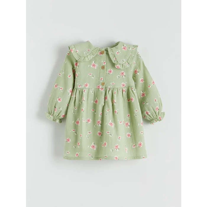 LCW baby Yeşil Bebe Yaka Çiçekli Müslin Kız Bebek Elbise