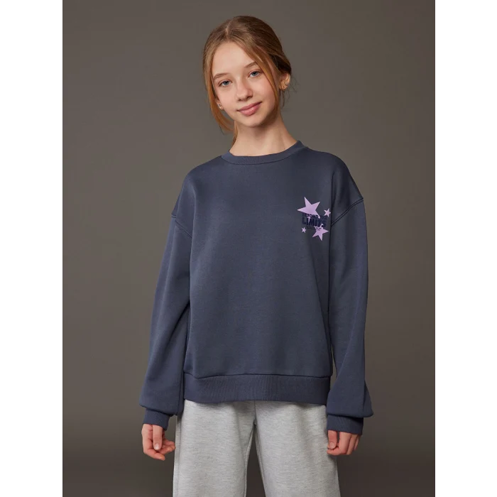 LCW Kids Antrasit Bisiklet Yaka Baskılı Kız Çocuk Kalın Sweatshirt