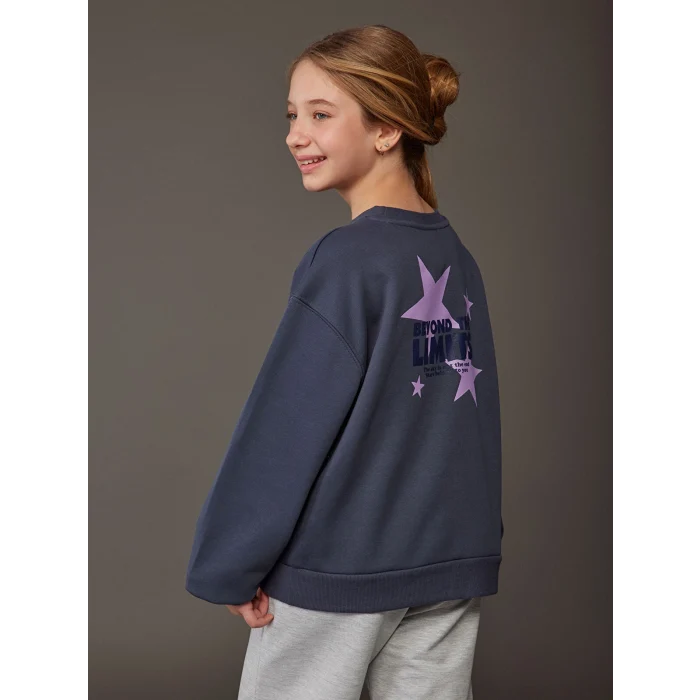 LCW Kids Antrasit Bisiklet Yaka Baskılı Kız Çocuk Kalın Sweatshirt