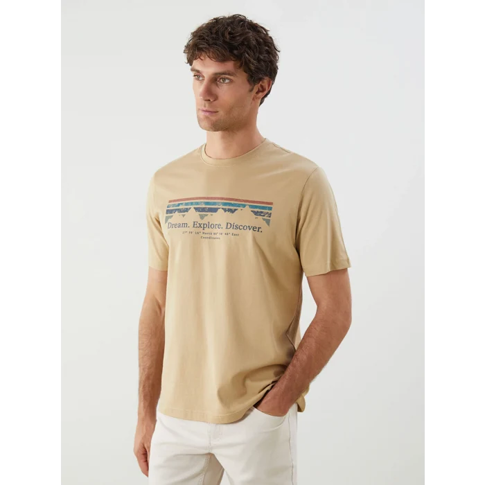 LCWAIKIKI Classic Kahverengi Bisiklet Yaka Baskılı Penye Erkek Tişört