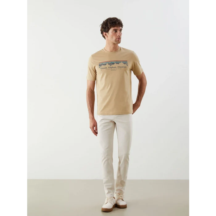 LCWAIKIKI Classic Kahverengi Bisiklet Yaka Baskılı Penye Erkek Tişört