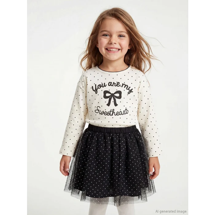 LCW Kids Ekru Bisiklet Yaka Kurdele Baskılı Kız Çocuk Tişört