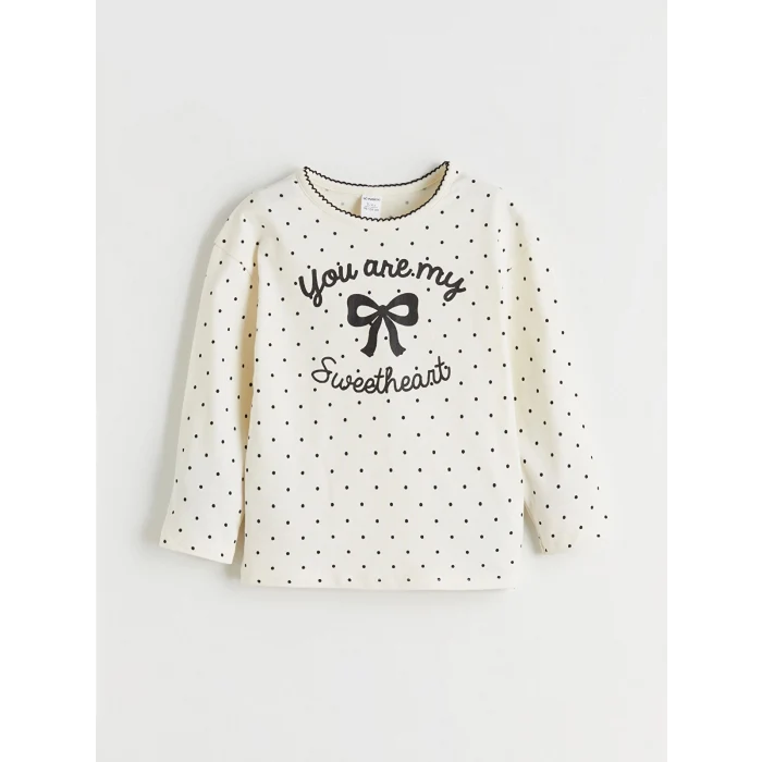 LCW Kids Ekru Bisiklet Yaka Kurdele Baskılı Kız Çocuk Tişört