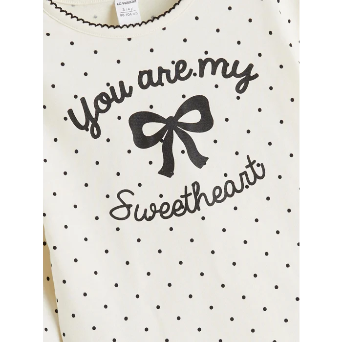 LCW Kids Ekru Bisiklet Yaka Kurdele Baskılı Kız Çocuk Tişört