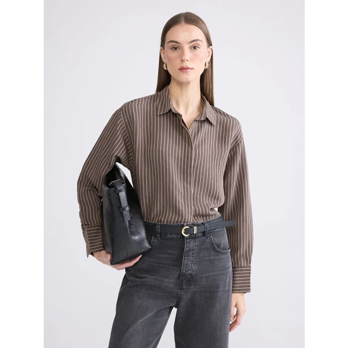 LCWAIKIKI Classic Kahverengi Çizgili Modal Karışımlı Kadın Gömlek
