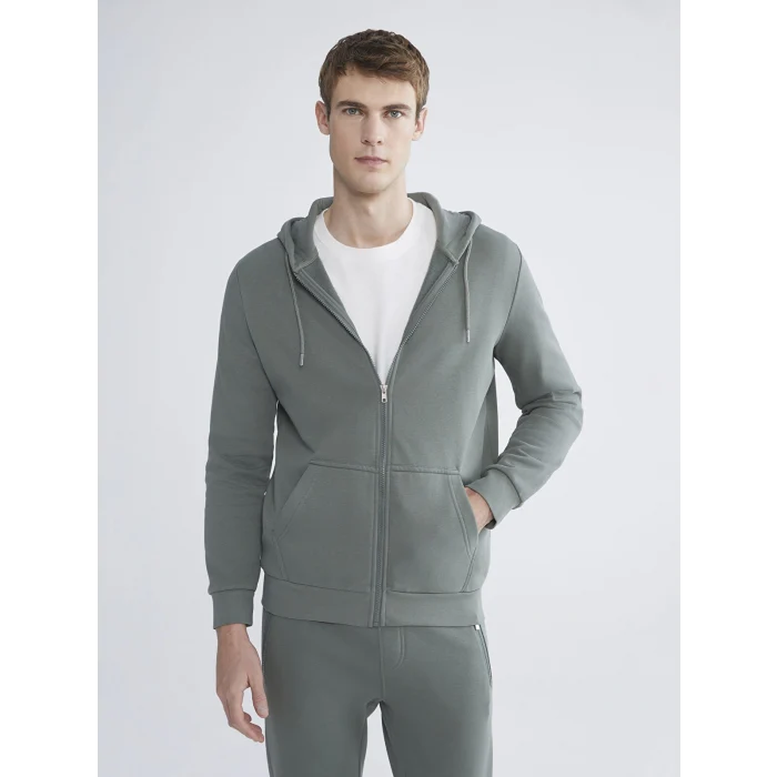 LCWAIKIKI Classic Yeşil Kapüşonlu Uzun Kollu Erkek Fermuarlı Sweatshirt