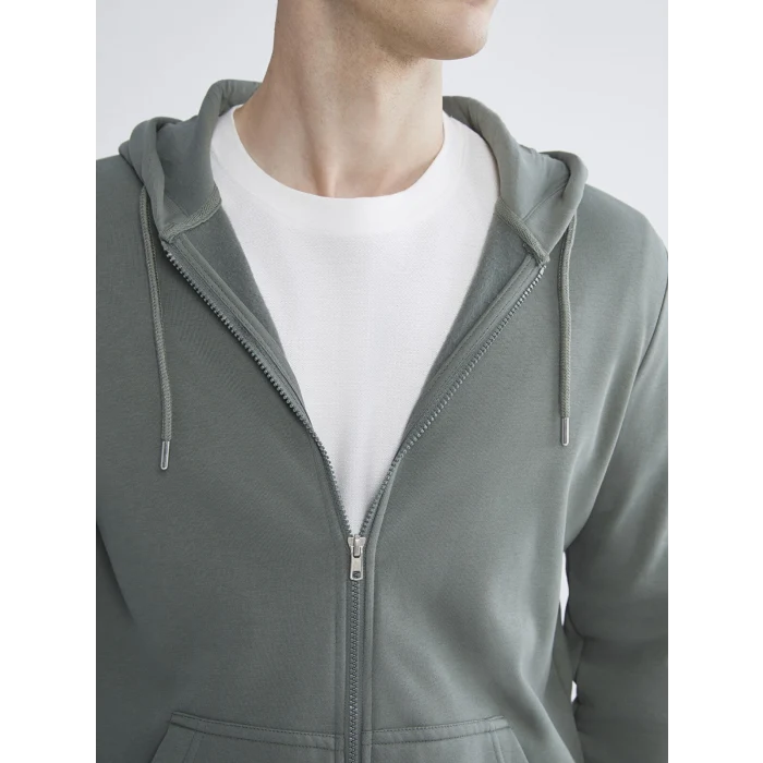 LCWAIKIKI Classic Yeşil Kapüşonlu Uzun Kollu Erkek Fermuarlı Sweatshirt