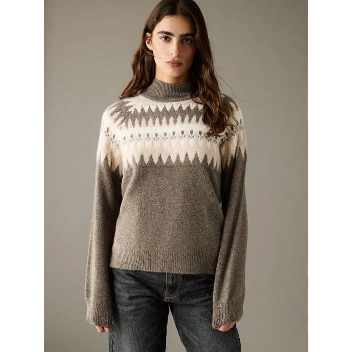 LCW Vision Kahverengi Yarım Balıkçı Yaka Desenli Kadın Triko Kazak