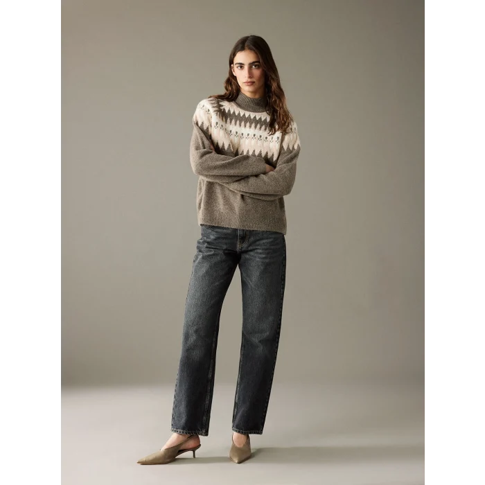 LCW Vision Kahverengi Yarım Balıkçı Yaka Desenli Kadın Triko Kazak