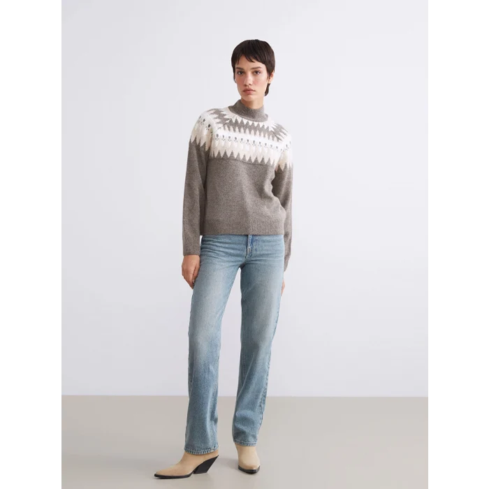 LCW Vision Kahverengi Yarım Balıkçı Yaka Desenli Kadın Triko Kazak