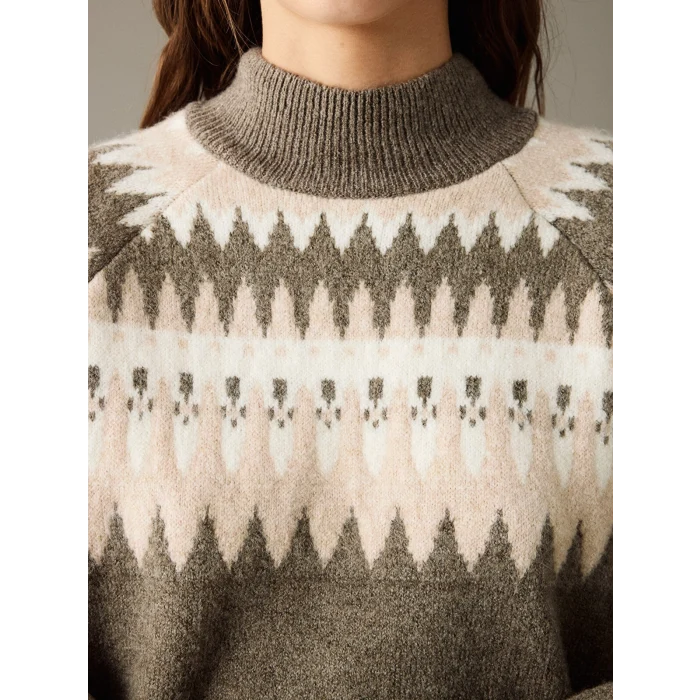 LCW Vision Kahverengi Yarım Balıkçı Yaka Desenli Kadın Triko Kazak