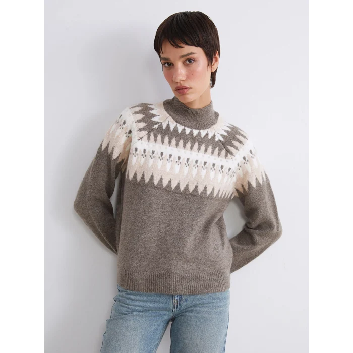 LCW Vision Kahverengi Yarım Balıkçı Yaka Desenli Kadın Triko Kazak