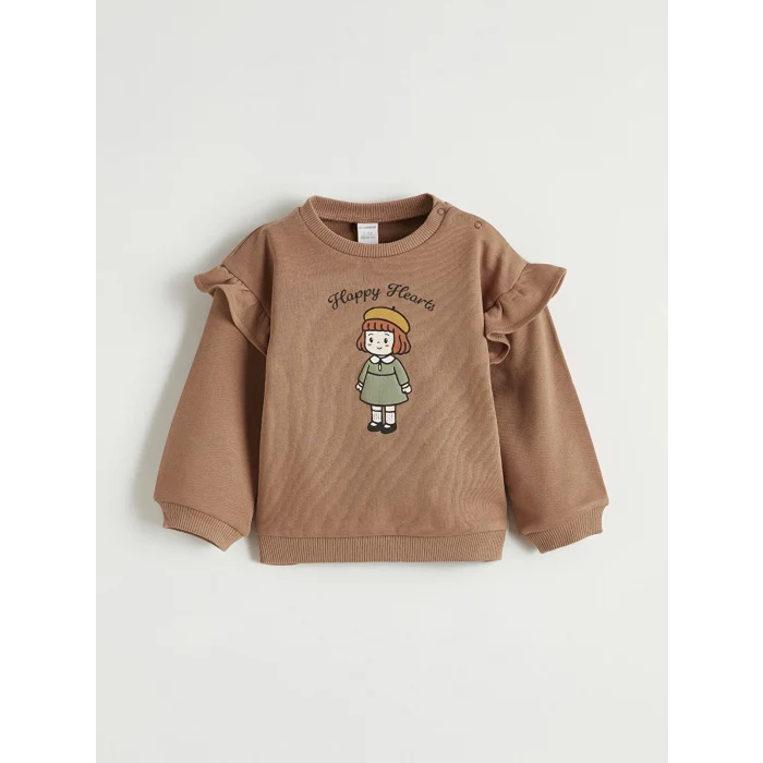 LCW baby Kahverengi Bisiklet Yaka Baskılı Kız Bebek Sweatshirt