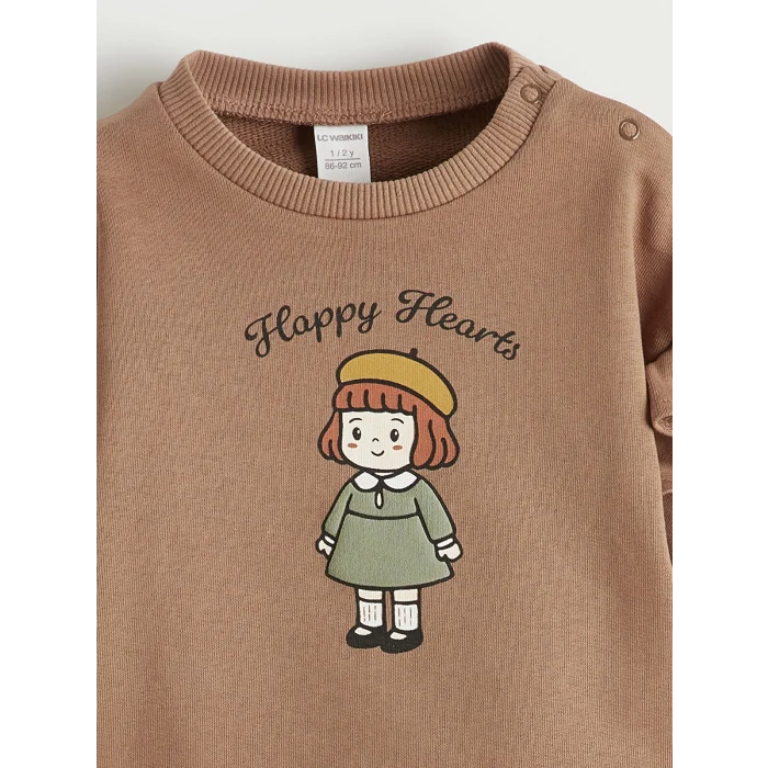 LCW baby Kahverengi Bisiklet Yaka Baskılı Kız Bebek Sweatshirt