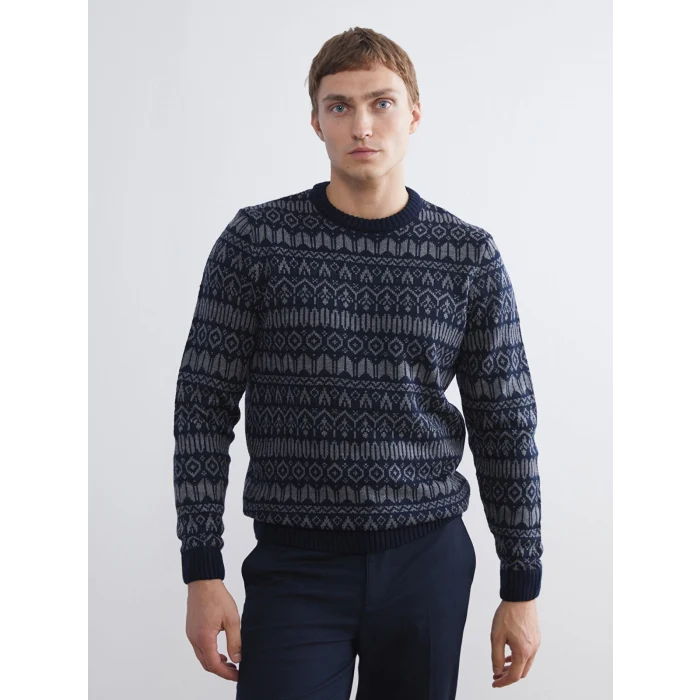 LCWAIKIKI Classic Lacivert Bisiklet Yaka Uzun Kollu Desenli Erkek Triko Kazak