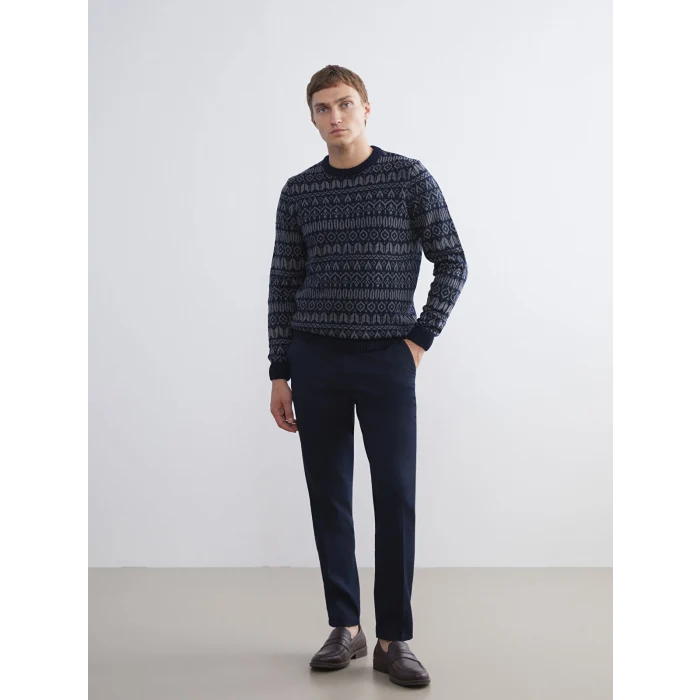 LCWAIKIKI Classic Lacivert Bisiklet Yaka Uzun Kollu Desenli Erkek Triko Kazak