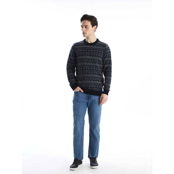 LCWAIKIKI Classic Lacivert Bisiklet Yaka Uzun Kollu Desenli Erkek Triko Kazak